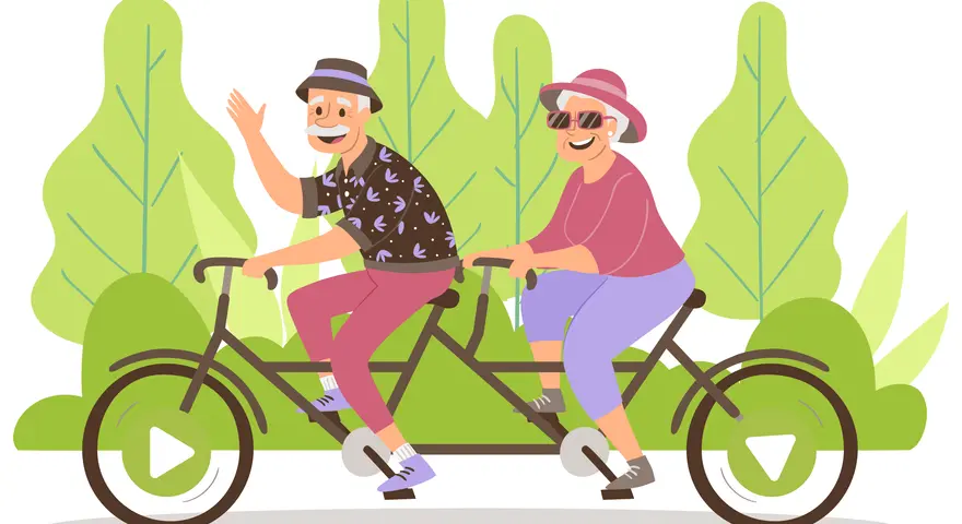 Szczęśliwa para seniorów na rowerze tandemowym, ciesząca się aktywnością po odprawie emerytalnej.