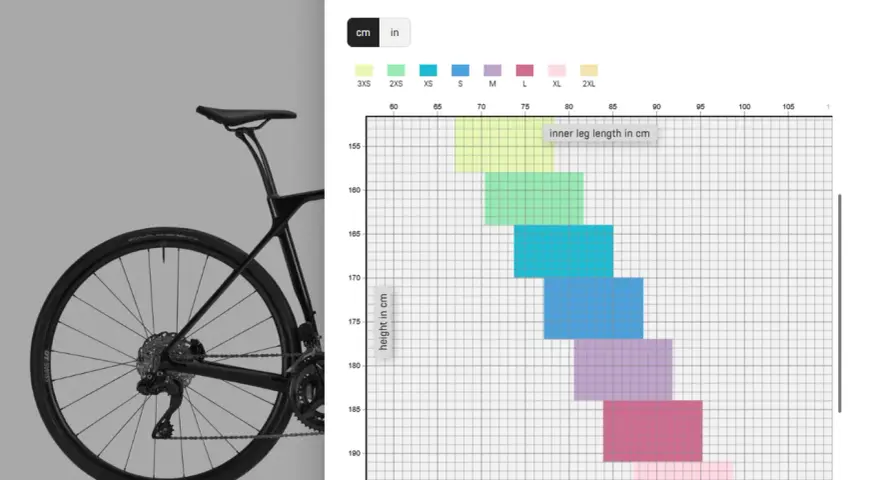 A cyclocross bike and a sizing chart showing height vs. inner leg length for different sizes.