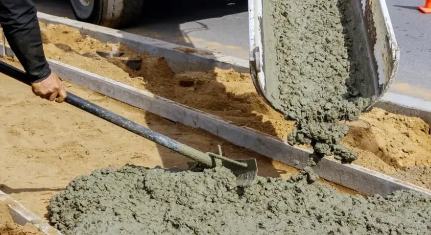 Robotnicy wylewają świeży beton z samego piasku i cementu, tworząc nowy chodnik.
