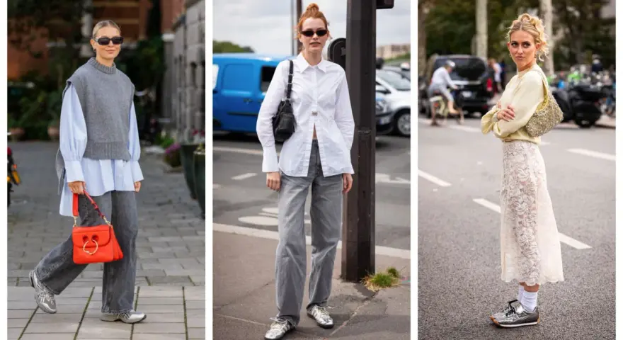 Tre donne sfoggiano un outfit elegante con sneakers donna: look casual chic con gilet grigio, camicia bianca e gonna in pizzo.