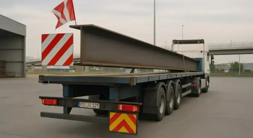 Ciężarówka z długą belką stalową, której szerokość jest kluczowa dla transportu. Na tyle przyczepy widoczne są znaki ostrzegawcze.