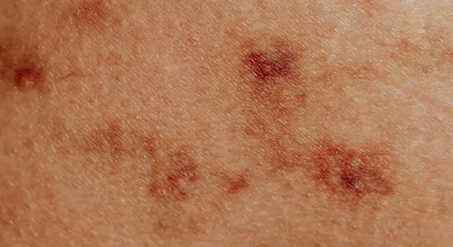 Skóra z zaczerwienionymi, nierównymi zmianami, przypominającymi pokrzywkę alergiczną.