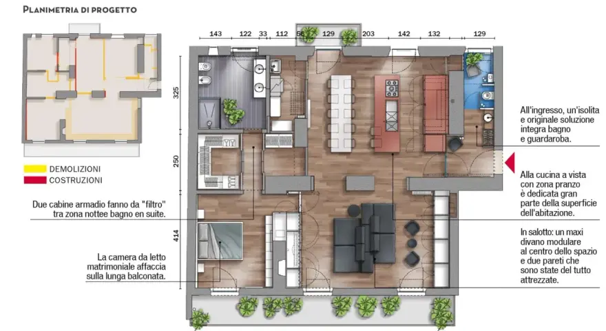 Planimetria di progetto per come dividere una casa di 150 mq: ingresso con bagno/guardaroba, cucina a vista, salotto con divano modulare.