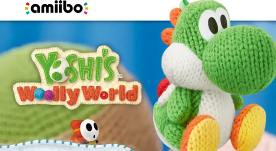Yoshi de lana, protagonista de Yoshi's Woolly World, posa junto a un Shy Guy. ¡Un amiibo de lana listo para la aventura!