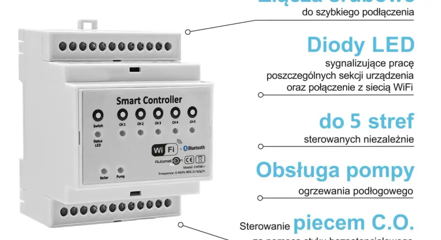 Inteligentne sterowniki do podłogówki z Wi-Fi i Bluetooth, obsługujące do 5 stref, pompę CO i piec.