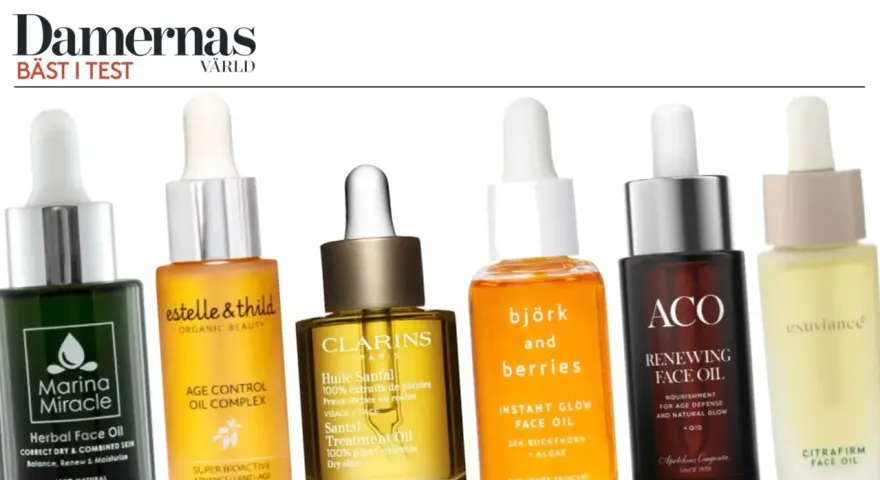 Flera ansikts oljor i glasflaskor med pipettlock, inklusive Marina Miracle, Estelle & Thild, Clarins, Björk & Berries, ACO och Exuviance.