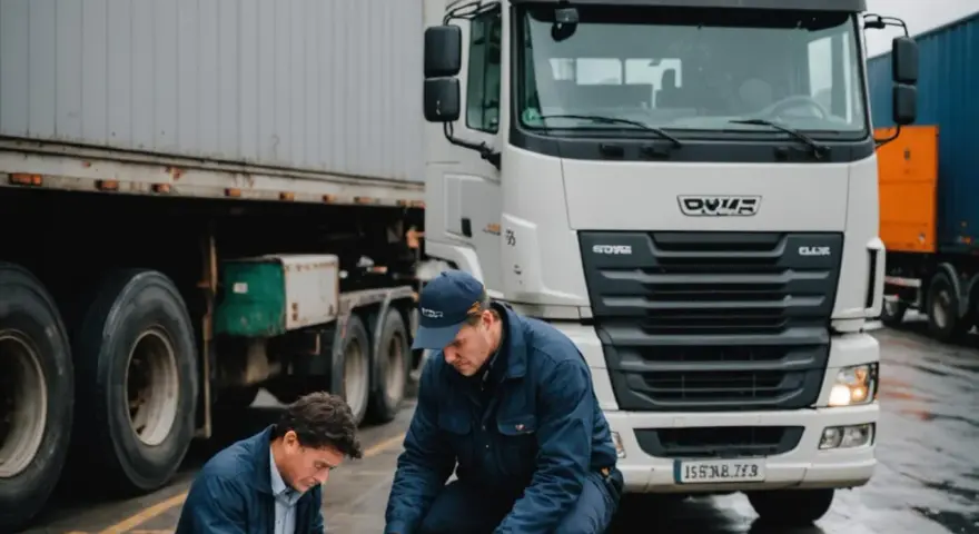Dwóch mężczyzn przy ciężarówce sprawdza dokumenty. Na pierwszym planie widać fragmenty naczepy i opon. Jeden z nich trzyma w ręku kartę przewozową.
