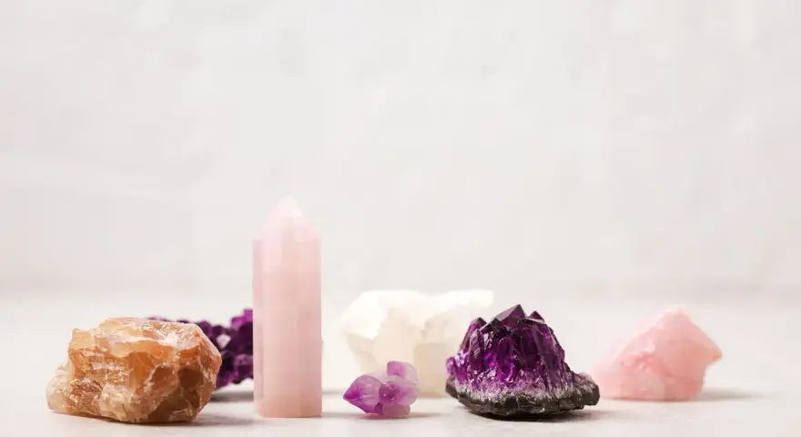 Colección de cristales energéticos: amatista, cuarzo rosa y calcita anaranjada, dispuestos sobre una superficie clara.