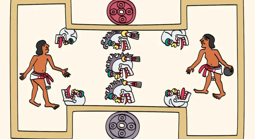 Jugadores de **deporte azteca pelota** en un juego ritual, con cabezas de serpiente y discos decorativos.