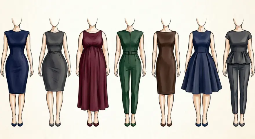 Siluetas de mujer con diferentes tipos de cuerpo, incluyendo un cuerpo reloj de arena gorditas, vestidas con trajes y vestidos.