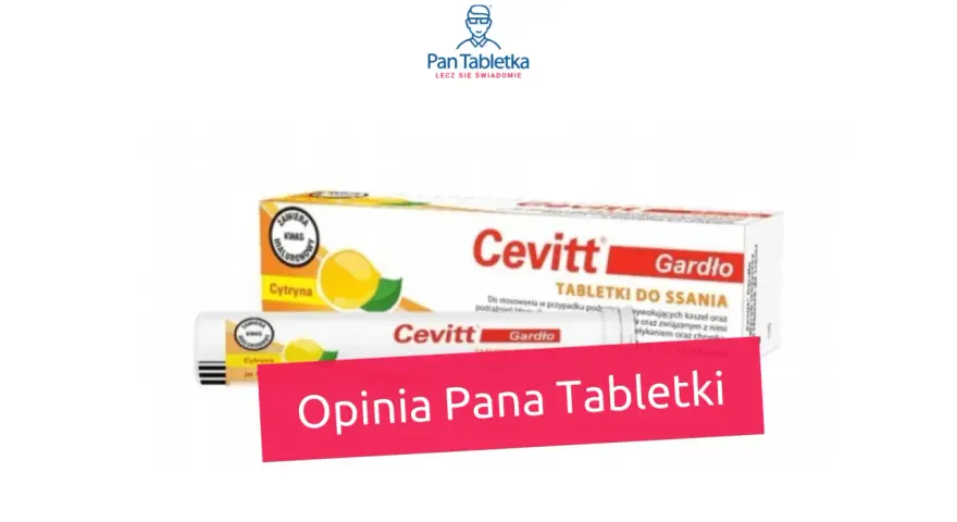 Opakowanie tabletek na ból gardła Cevitt Gardło o smaku cytrynowym.