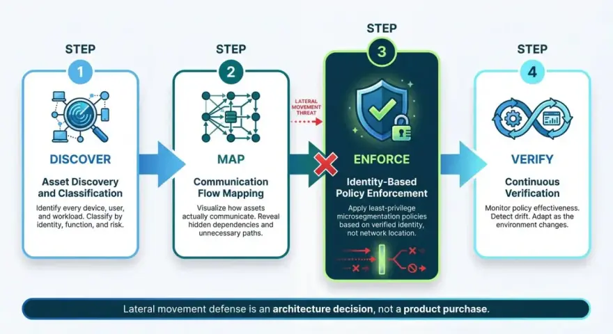 Four steps to prevent lateral movement: Discover assets, Map communication, Enforce identity-based policies, and Verify continuously.