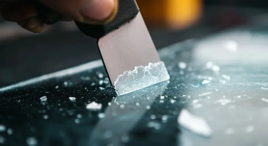 A scraper is used to remove adhesive from acrylic, leaving behind small white fragments.