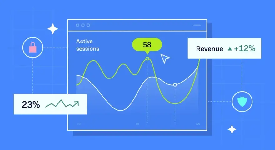 A network optimizer dashboard shows active sessions at 58, 23% growth, and 12% revenue increase.
