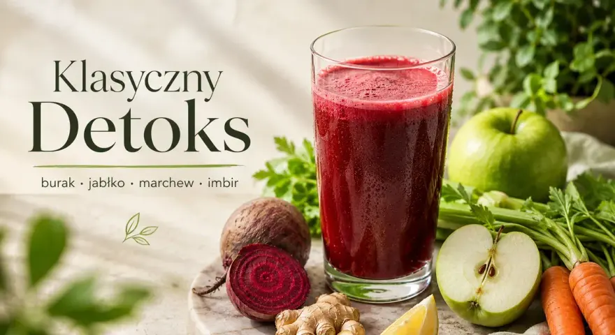 Klasyczny detoks: orzeźwiający sok z buraka, jabłka, marchwi i imbiru. Zdrowie w szklance.