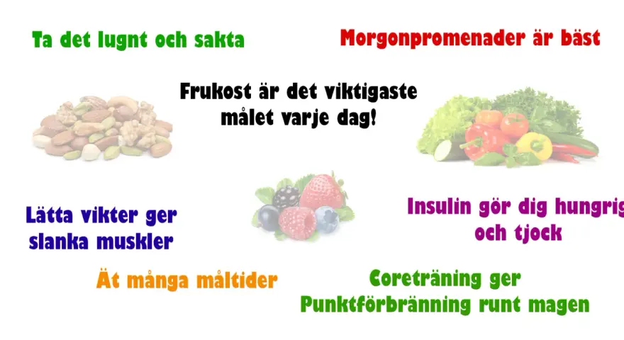 Frukost, nötter, bär och grönsaker för att bli av med fett. Morgonpromenader och coreträning ger punktförbränning runt magen.