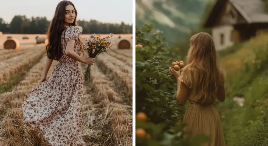 Deux jeunes femmes dans un champ de blé et près d'une cabane, style cottagecore. L'une tient un bouquet de fleurs sauvages, l'autre des fruits.