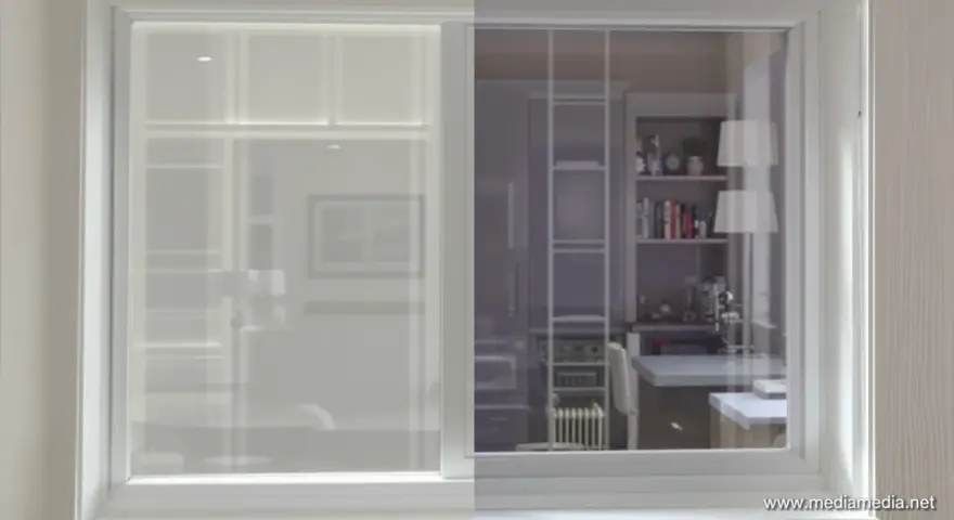 Fenêtre avec film phonique. La partie gauche est opaque, la droite laisse voir une cuisine moderne.