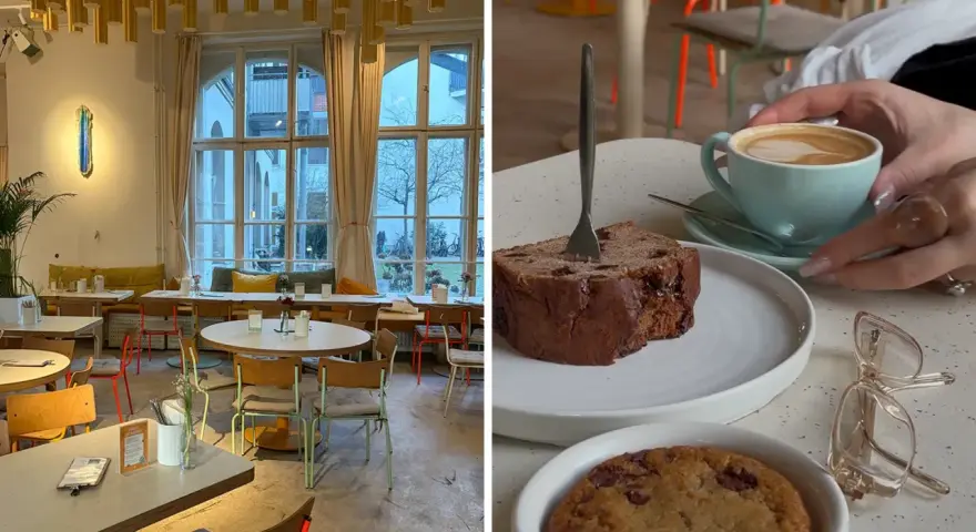 Gemütliches cafe zum arbeiten in Berlin mit Kaffee, Kuchen und Keksen.