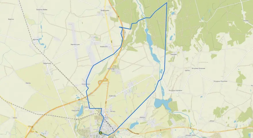 Mapa z zaznaczonymi trasami rowerowymi Gniezno i okolicami. Pętla prowadzi przez malownicze tereny, lasy i wsie.