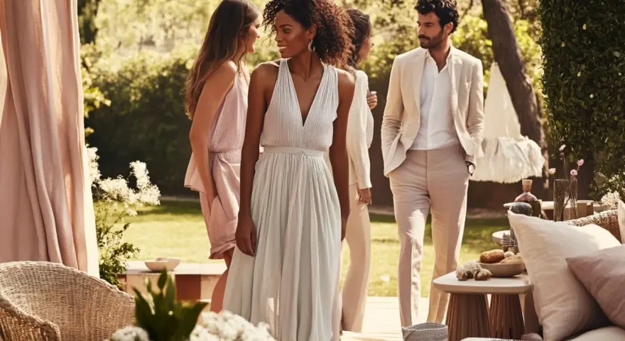 Des idées pour comment s'habiller pour un brunch ensoleillé : robes légères et costumes décontractés dans un jardin luxuriant.