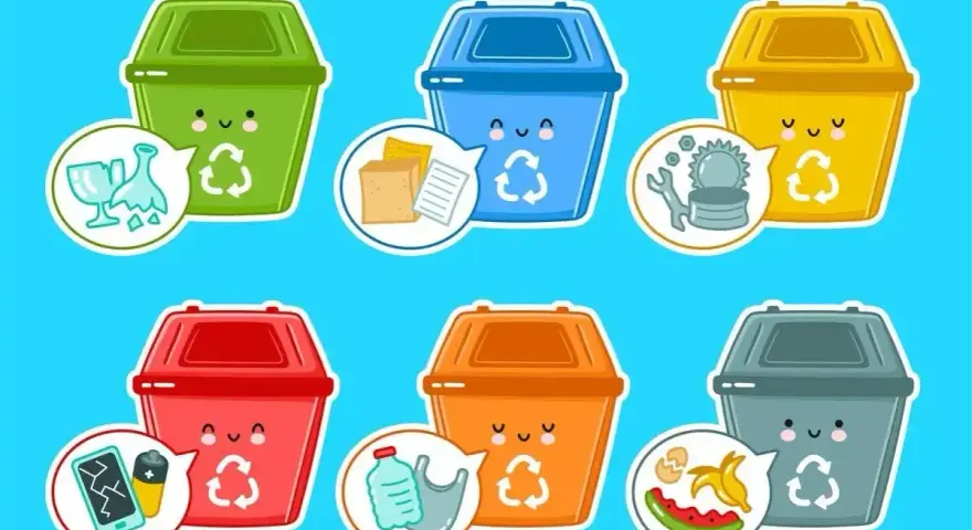 Jak narysować kosz na śmieci? Sześć kolorowych, uśmiechniętych koszy na śmieci z symbolami recyklingu i przykładami odpadów.