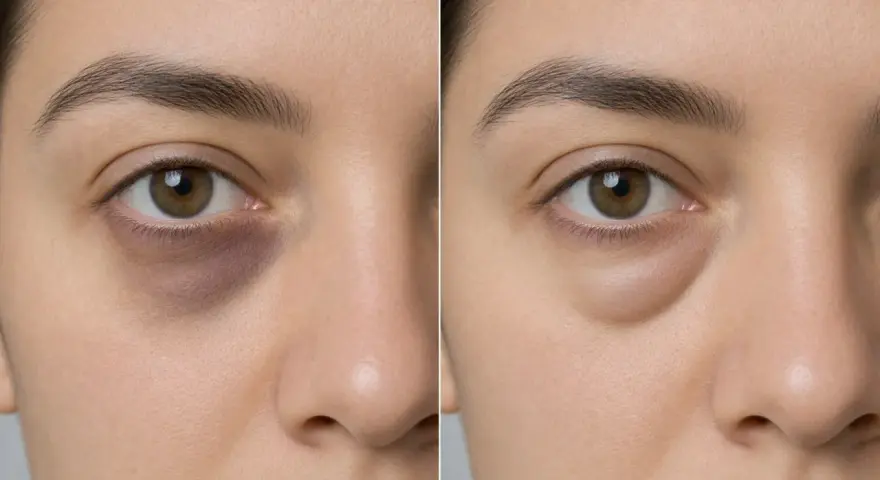 Comparación de ojos: antes con ojeras oscuras y bolsas, después con piel más lisa y clara. Muestra cómo tratar porque salen ojeras.