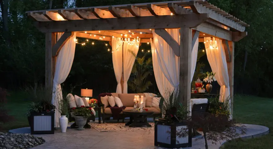 Mysig altan med pergola, draperade gardiner och stämningsfull belysning. Perfekt inspiration för din egen altanbelysning.