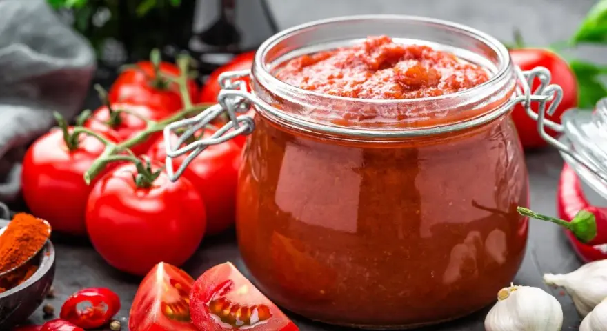 Słoik pełen domowego przecieru pomidorowego, otoczony świeżymi pomidorami, papryczkami chili i czosnkiem. Idealny do sosów i zup.