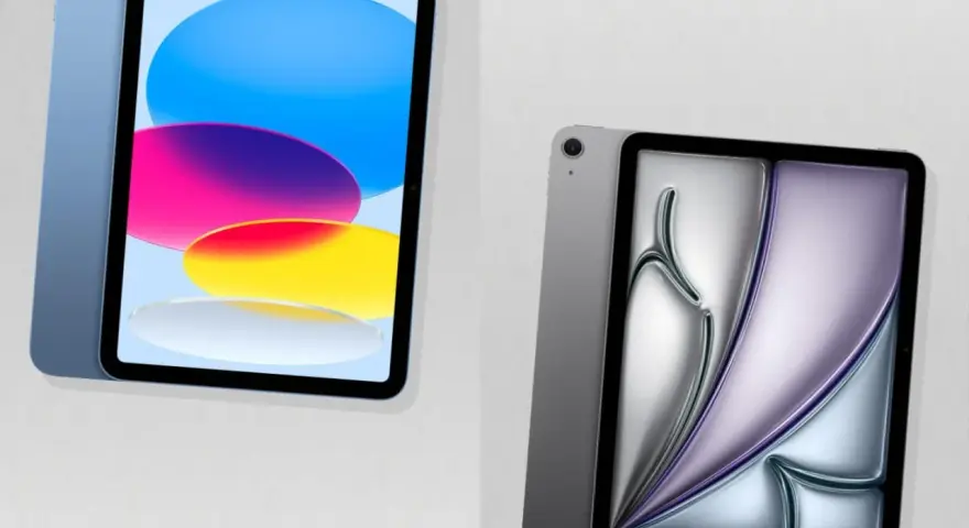 Zwei iPads nebeneinander: eines in Blau mit bunter Anzeige, das andere in Grau mit abstrakter Anzeige.