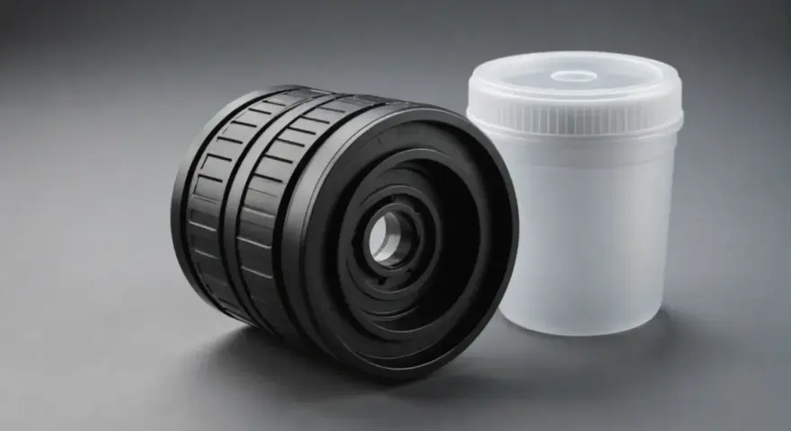 A black, ribbed cylindrical object, possibly for an abs application, sits next to a translucent plastic container with a lid.