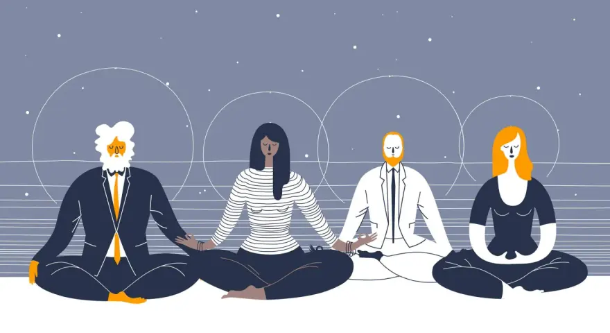 Four people in business attire meditate under a starry sky, finding peace and living a quiet life.