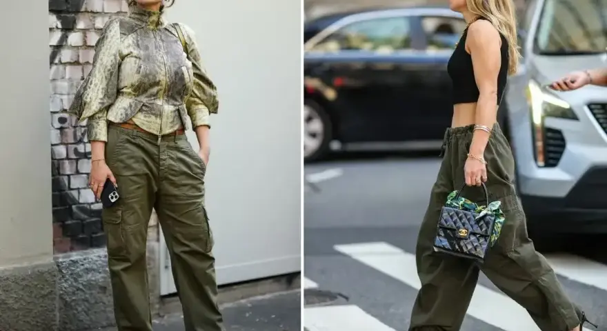 Dwie kobiety w spodniach bojówkach w kolorze khaki. Jedna w stylizacji z kurtką, druga w krótkim topie.