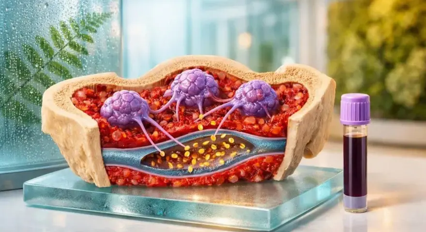 Modell des Knochenmarks mit lila Zellen, die sich in ein Blutgefäß ausbreiten. Mögliche Ursache für thrombozyten zu hoch. Blutprobe daneben.