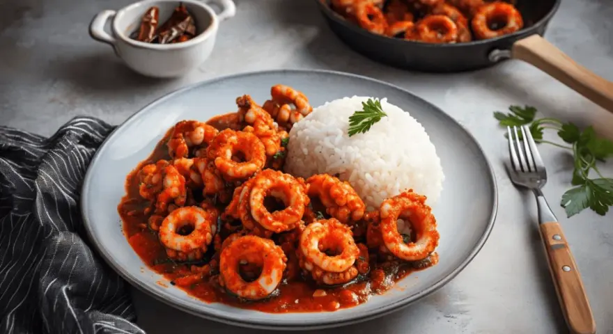 Calamares en salsa roja, servidos con arroz blanco y decorados con perejil. Un plato delicioso y apetitoso.