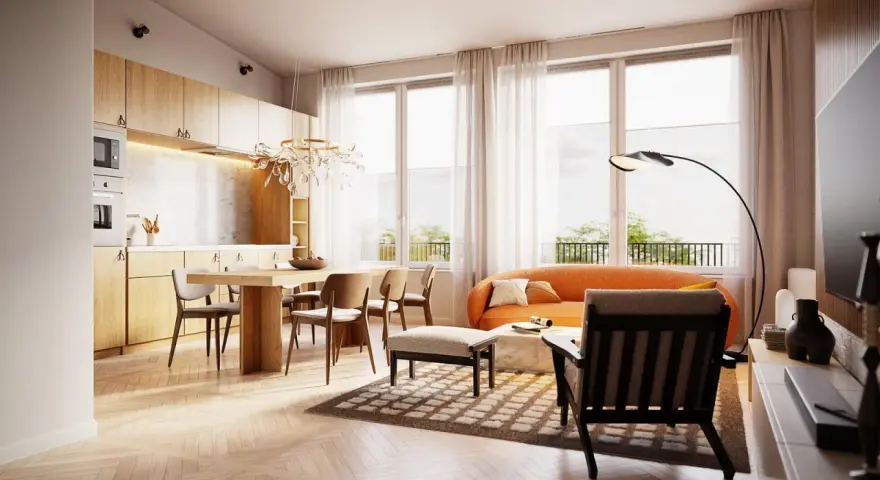 Nowoczesny salon z jadalnią i kuchnią, idealny do kursu wizualizacji architektonicznych. Jasne drewno, pomarańczowa sofa i designerska lampa.