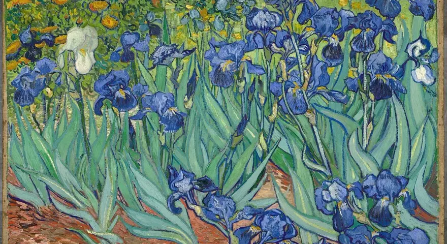 Un jardin d'iris bleus et une iris blanche, baigné de lumière. Une œuvre post-impressionniste vibrante de couleurs.
