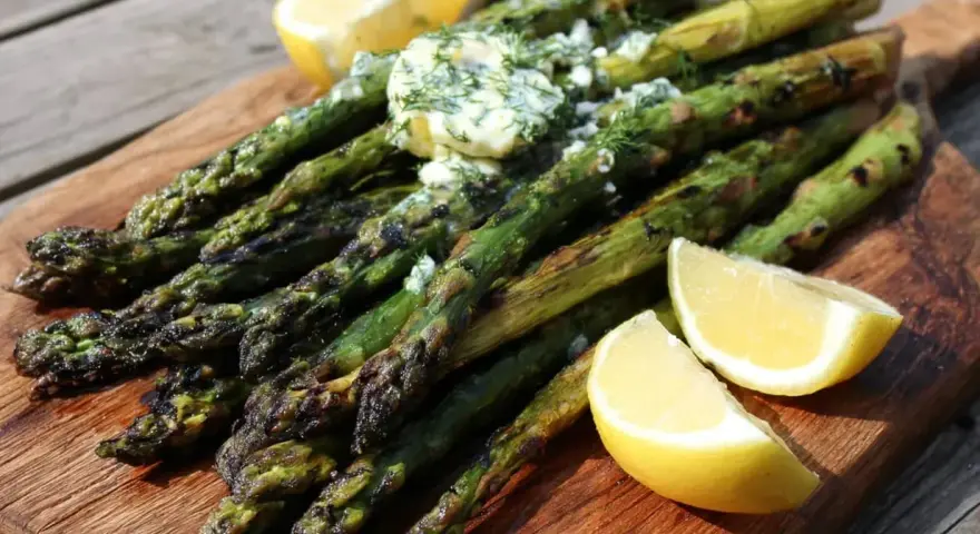 Grilla sparris med smör och dill, serverad med citronklyftor på en träskärbräda. Perfekt sommarbuffé!