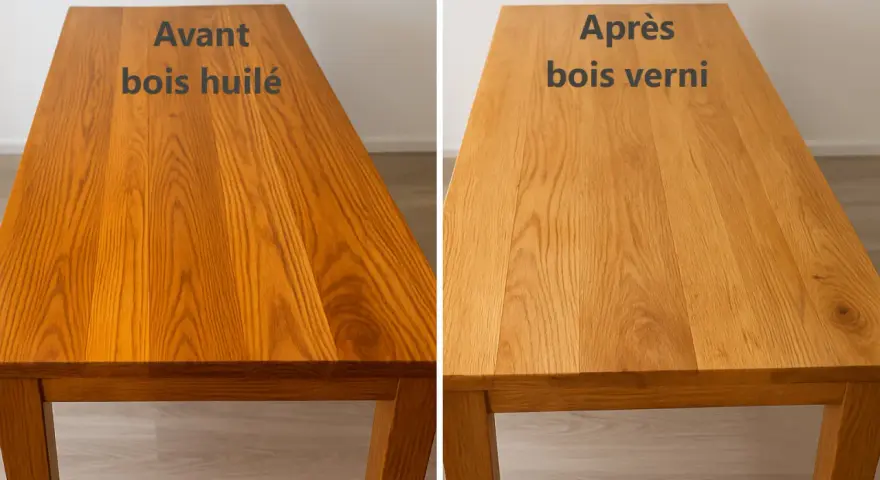 Avant bois huilé, après bois verni. La question "peut on vernir après huile de lin" est illustrée par ce comparatif visuel.