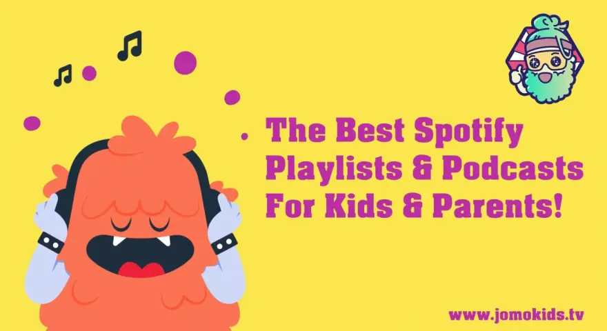 Pomarańczowy potworek słucha muzyki na słuchawkach. Odkryj najlepsze Spotify audiobooki dla dzieci i rodziców!