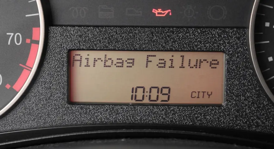 Na desce rozdzielczej świeci się kontrolka poduszki powietrznej z napisem "Airbag Failure". Obok widnieje godzina 10:09 i napis CITY.