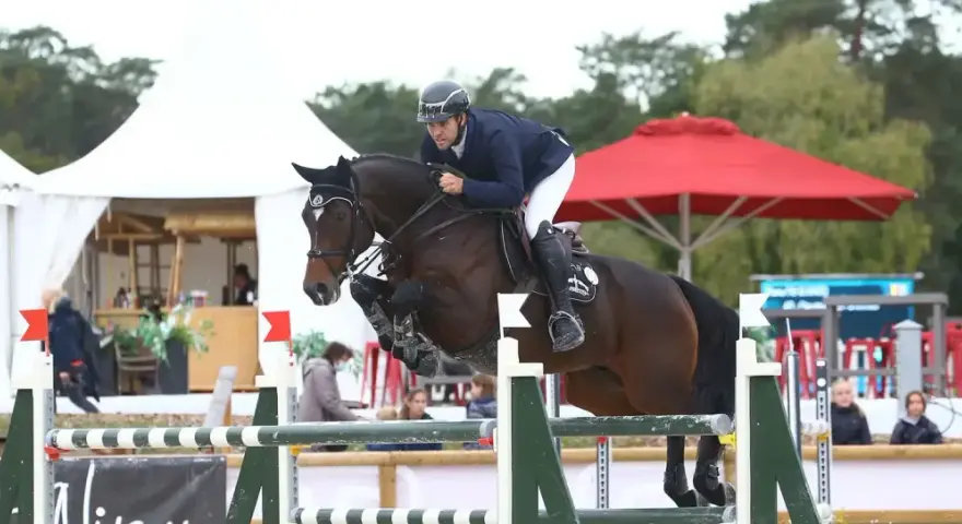 Cavalier et cheval sautant un obstacle lors des jeux équestres mondiaux.
