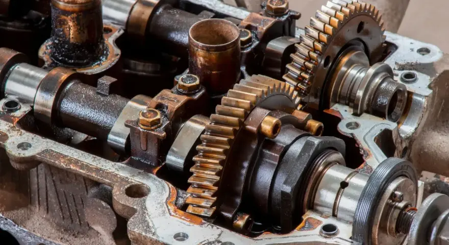 Mechanizm zmienne fazy rozrządu w silniku, z widocznymi wałkami, kołami zębatymi i śladami oleju.