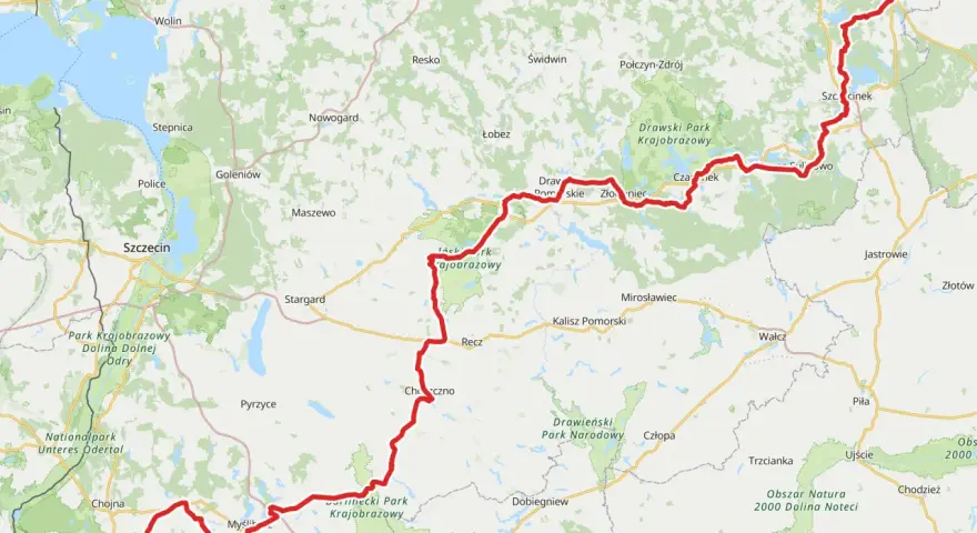 Trasa pojezierzy zachodnich od Szczecina przez Drawieński Park Narodowy po Miastko.