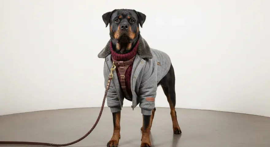 Rottweiler con maglione bordeaux e giacca trapuntata grigia, mostrando diversi tipi di vestiti nomi per cani.
