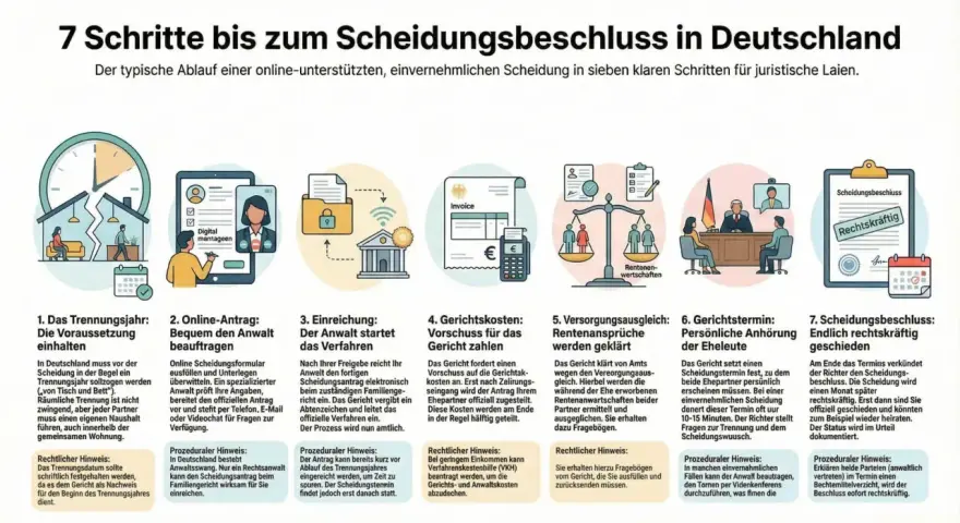 7 Schritte zur Scheidung: Trennungsjahr, Online-Antrag, Einreichung, Kosten, Versorgungsausgleich, Anhörung, Beschluss. Scheidungstermin verschieben ist nicht Teil des Prozesses.