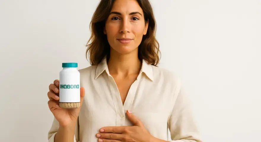 Donna con flacone di probiotici, per capire a cosa servono i probiotici per il benessere intestinale.