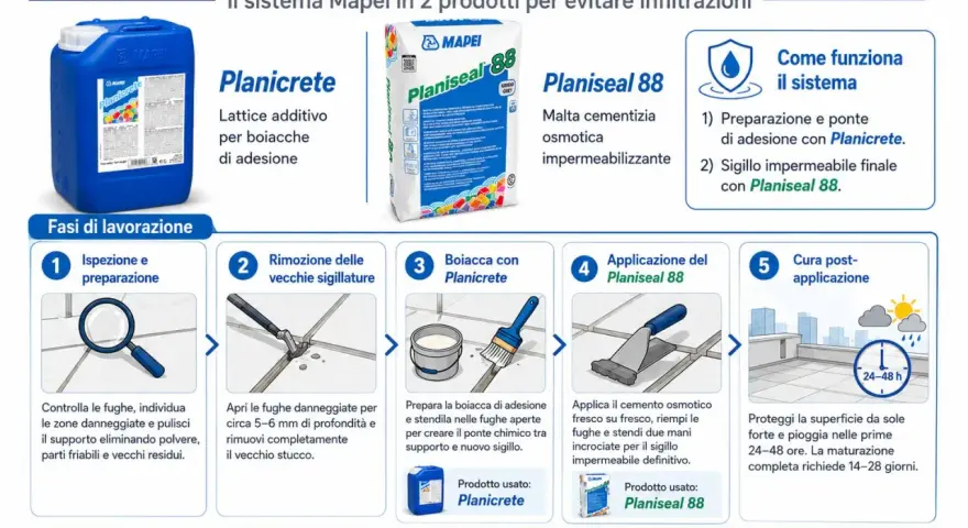 Sistema Mapei per fughe lastricato solare: Planicrete per adesione, Planiseal 88 per sigillo impermeabile. Guida alle fasi di lavorazione.