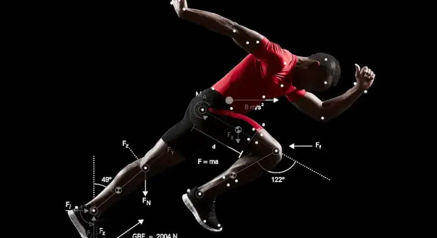 Biegacz w ruchu, z naniesionymi wektorami sił i oznaczeniami, ilustrującymi biomechanikę w sporcie.