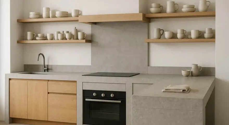 Progetto cucina in muratura moderna con pensili in legno, piano in resina e forno a incasso.